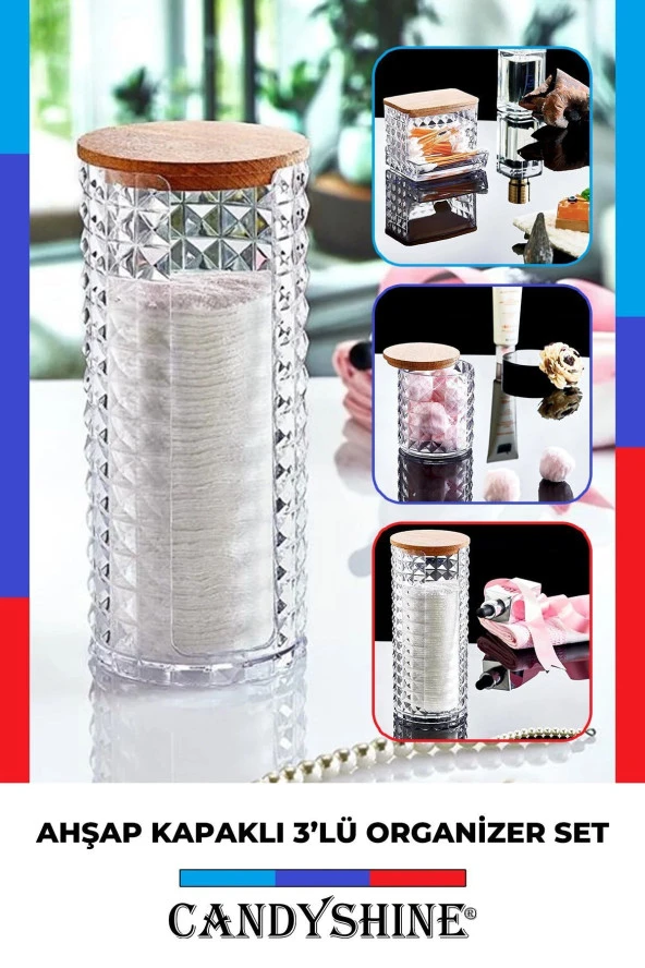 Ahşap Kapak Diamond 3'lü Organizer Set Modern Pamukluk Düzenleyici Şık 3'lü Pamukluk Set Elmas Şekil ürün görseli 1