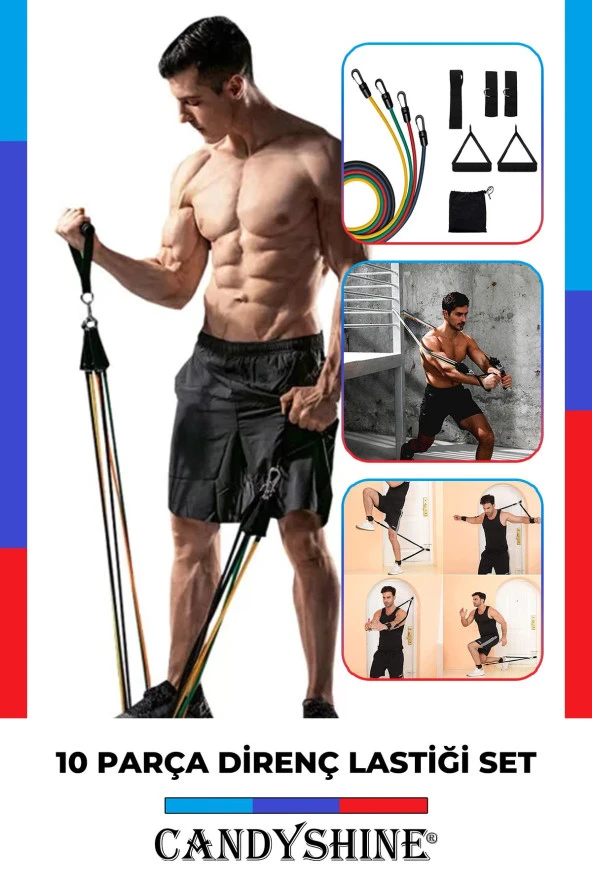 10 Parça Direnç Lastiği Seti Pilates Kondisyon Yoga Kardiyo Aerobik Fitness Egzersiz Direnç Lastik ürün görseli 1