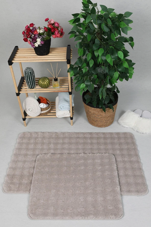 Modern Bubble Yıkanabilir Kaymaz Peluş Banyo Paspası Halısı 2'li Klozet Takımı 60x100-50x60cm Bej ürün görseli 1