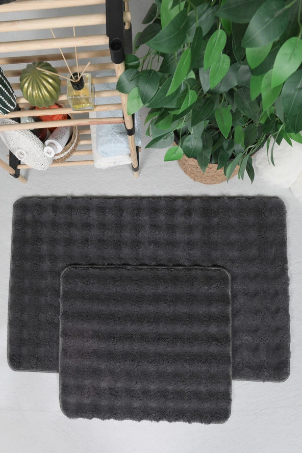 Modern Bubble Yıkanabilir Kaymaz Peluş Banyo Paspası Halısı 2li Klozet Takımı 60x100-50x60cm Antrasit ürün görseli 1