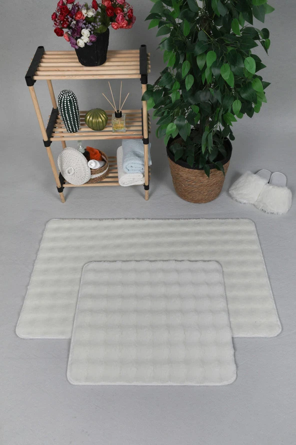 Modern Bubble Yıkanabilir Kaymaz Peluş Banyo Paspası Halısı 2'li Klozet Takımı 60x100-50x60cm Krem ürün görseli 1