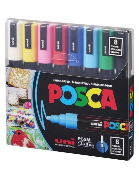Uni Posca Su Bazlı Marker Seti 8li Ana Renkler 1.8 2.5mm PC5M ürün görseli 1