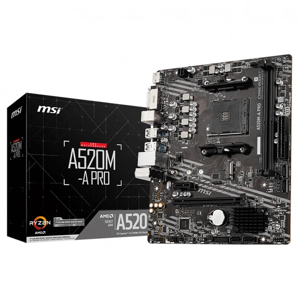 MSI A520M-A PRO DDR4 M2 PCIe NVME HDMI DVI PCIe 16X v3.0 AM4 mATX ürün görseli 1