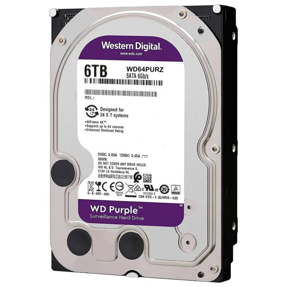 WD 6TB PURPLE WD64PURZ 256MB 5700RPM SATA-3 GÜVENLİK DİSKİ ürün görseli 1