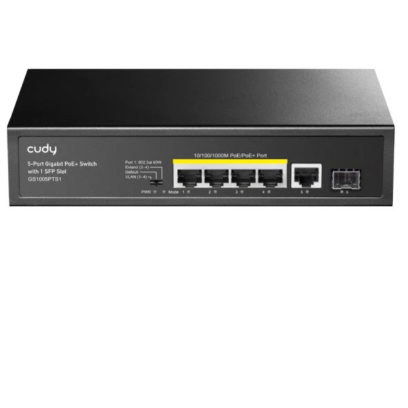 CUDY GS1005PTS1 5 Port Gigabit 1-SFP 120w 4port PoE Yönetilemez Switch ürün görseli 1
