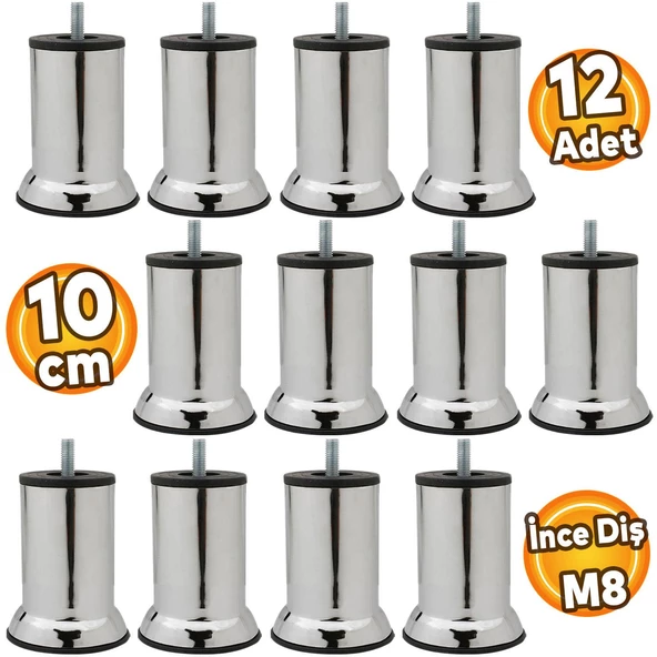 Mobilya Kanepe Baza Koltuk Destek Yükseltme Ayağı M8 Civatalı Krom Metal Ayakları 10 cm 12 Adet ürün görseli 1