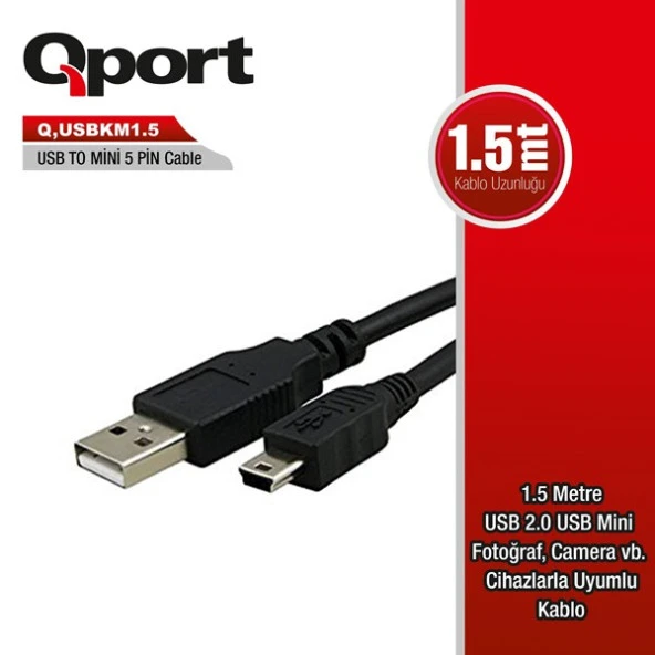 Qport Q-Usbkm1.5 Usb 1.5Mt Gsm Mıcro 5Pın Kamera/Data/Şarj Kablo Siyah ürün görseli 1