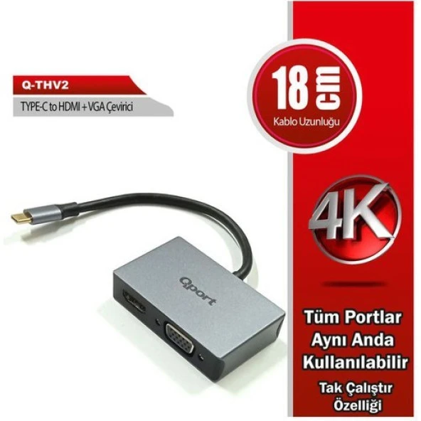 Qport Q-Thv2 Type-C To Hdmı/Vga Çevirici ürün görseli 1