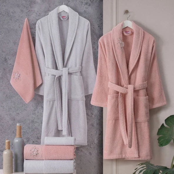 Hobby Line %100 Saf Pamuk Aile Bornoz Seti-Pembe Gri ürün görseli 1