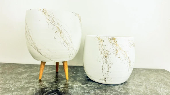 Beyaz Üzeri Gold Mermer efekt Toprak Saksı Saksılık Salon Çiçeklik İkili Set Ayaksız -3 Ayaklı 19 CM ürün görseli 1