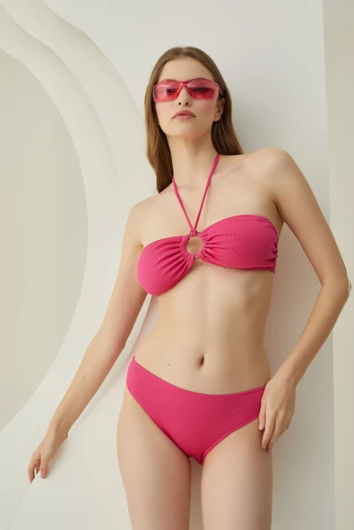 Fuşya Reps Boyundan Bağlamalı Tek Üst Bikini - Resim 8