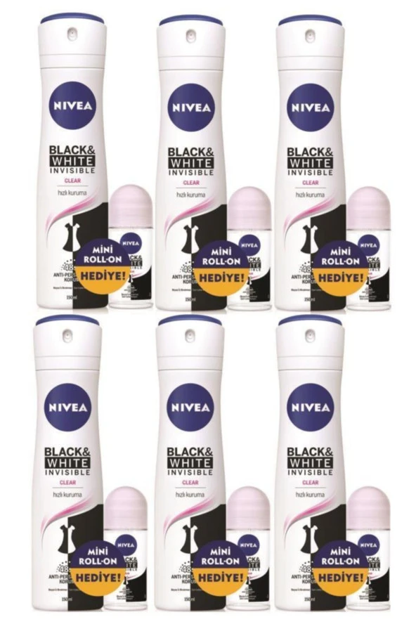 Black & White Clear Kadın Sprey Deodorant 150 ml + Roll-on 25 ml X6 ürün görseli 1