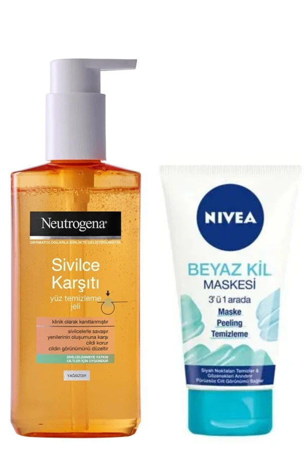 Neutrogena Sivilce Karşıtı Yüz Temizleme Jeli 200 Ml& Nivea Beyaz Kil Maskesi 3'ü1 Arada Maske150 Ml ürün görseli 1
