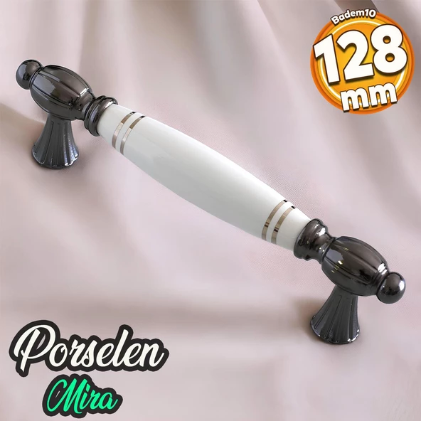 Mira Gerçek Porselen Beyaz Füme Çizgili 128 mm Mobilya Mutfak Kulp Çekmece Dolap Kulplar Kulpu Kulbu ürün görseli 1