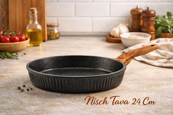 24 cm Febern Premium Bio Granit Alüminyum Döküm Nisch Tava (Siyah-Koyu Ahşap Kulp) ürün görseli 1