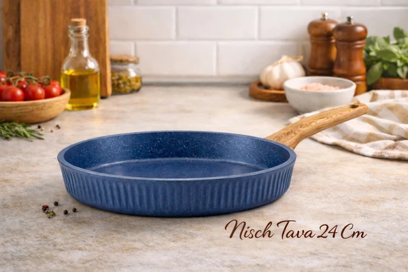24 cm Febern Premium Bio Granit Alüminyum Döküm Nisch Tava (Klasik Mavi-Açık Ahşap Kulp) ürün görseli 1