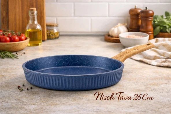 26 cm Febern Premium Bio Granit Alüminyum Döküm Nisch Tava (Klasik Mavi-Açık Ahşap Kulp) ürün görseli 1