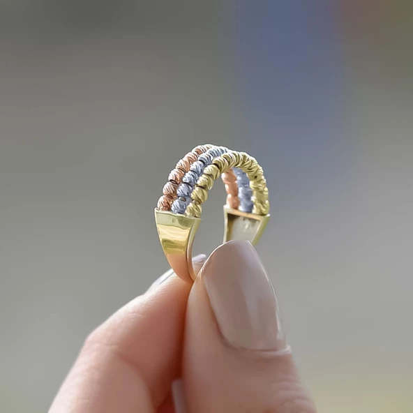 14 Ayar Altın Üç Sıra Dorikalı Yüzük ürün görseli 1