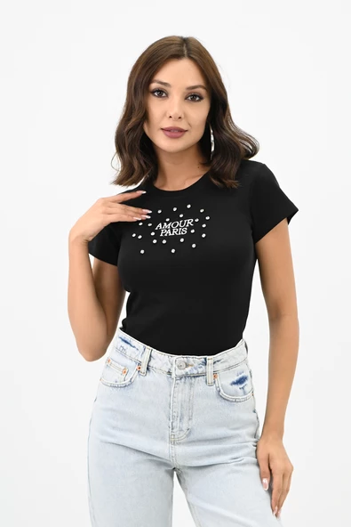 Kadın Taş İşlemeli Nakış Detaylı T-shirt 1774-25 ürün görseli 1