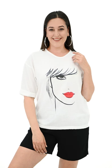 Kadın Büyük Beden Yüz Baskılı T-shirt 1788-25 ürün görseli 1