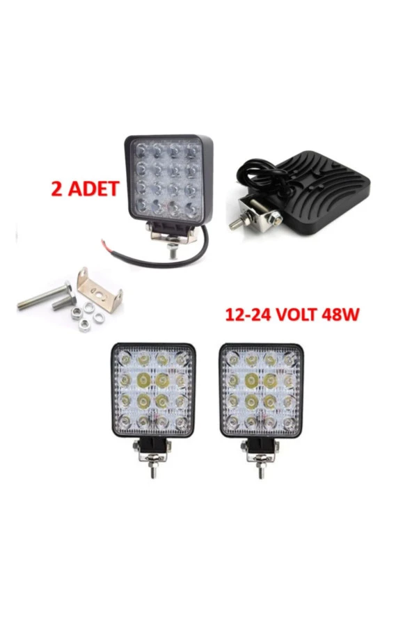 2 Adet Off Road Beyaz Işık Sis Farı Lambası 16 Led Kare 12-24v 48 Watt ürün görseli 1