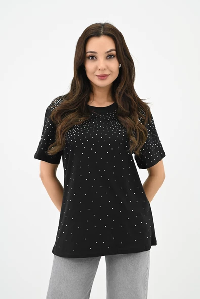 Kadın Taş Baskı Detaylı T-shirt 1749-24 ürün görseli 1