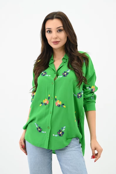 Kadın Nakış İşlemeli Oversize Gömlek 1735-24 - Resim 6