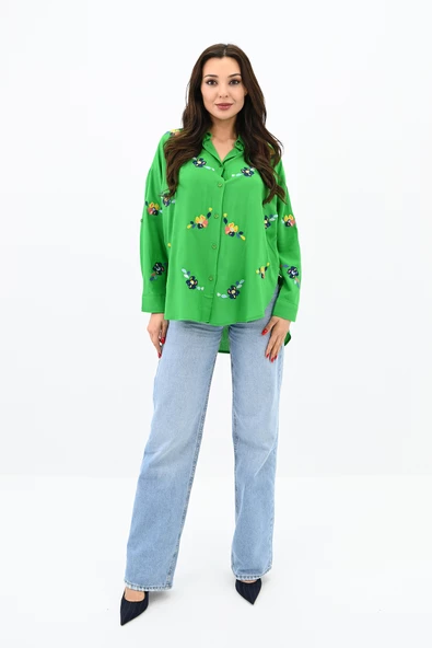 Kadın Nakış İşlemeli Oversize Gömlek 1735-24 - Resim 7