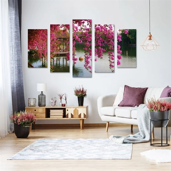 Göl Kenarındaki Pembe Ağaç - 5 Parçalı Kanvas Tablo ürün görseli 1