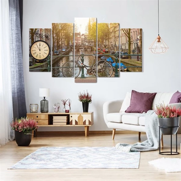 Amsterdam Kanal Saatli 5 Parçalı Kanvas Tablo ürün görseli 1