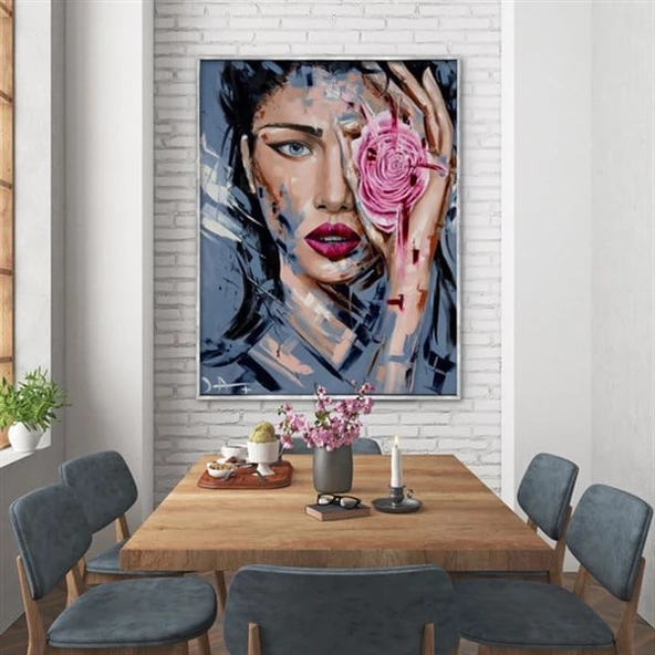 Blue Eyes Pink Rose - Yağlı Boya Dokulu Tablo ürün görseli 1