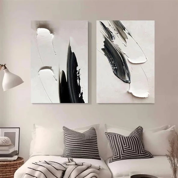 Siyah Beyaz İkili Set 3D Yoğun Yağlı Boya Tablo ürün görseli 1