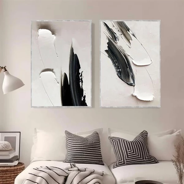 Siyah Beyaz İkili Set 3D Yoğun Yağlı Boya Tablo ürün görseli 1