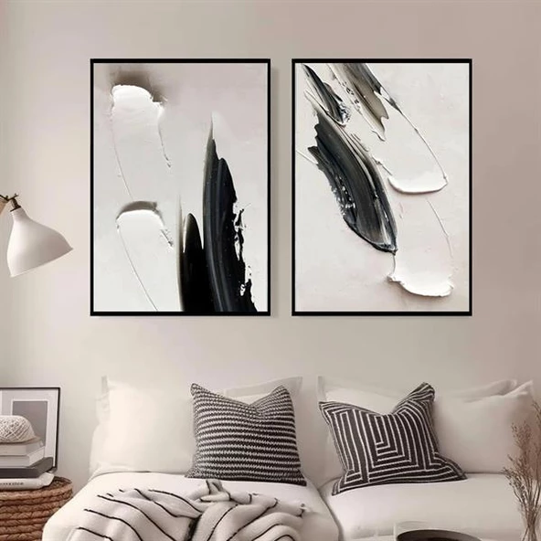 Siyah Beyaz İkili Set 3D Yoğun Yağlı Boya Tablo ürün görseli 1