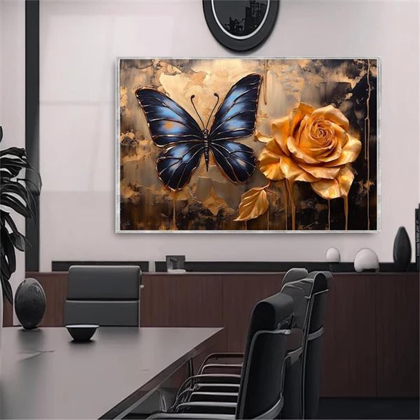 Kelebek Gold Çiçek 3D Yoğun Yağlı Boya Tablo ürün görseli 1