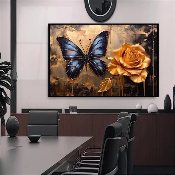 Kelebek Gold Çiçek 3D Yoğun Yağlı Boya Tablo ürün görseli 1