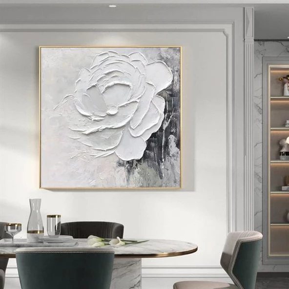 Soyut Beyaz Gül 3D Yoğun Yağlı Boya Tablo ürün görseli 1