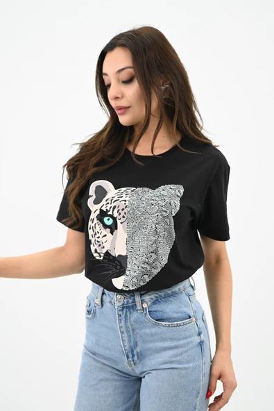 Kadın Leopar Baskılı T-shirt 1731-24 ürün görseli 1