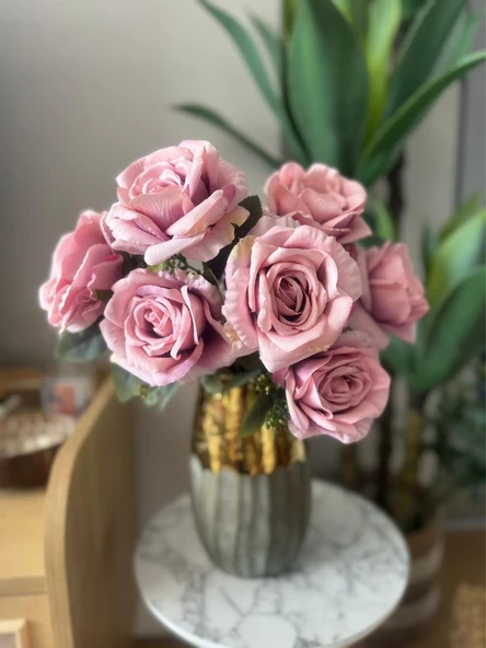 Nettenevime Yapay Çiçek 7li Gül Demeti 40*30cm 1.Kalite Büyükboy GÜLKURUSU PEMBE ürün görseli 1