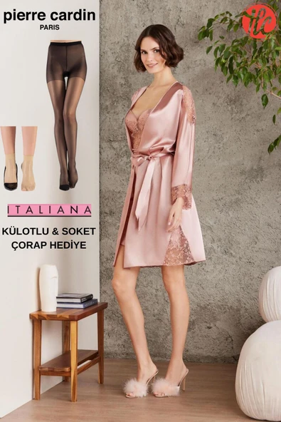 Pierre Cardin 6'lı Saten Gecelik Sabahlık Pijama Takım Şort Takım Gelin Çeyiz Seti 2X Çorap Hediyeli ürün görseli 1