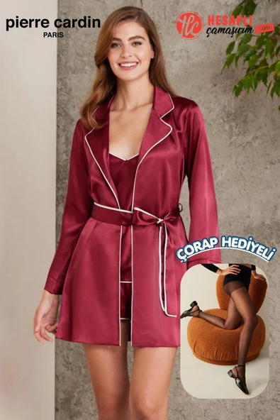 Pierre Cardin Premium Kadın Saten 4'lü Gecelik İp Askılı Pijama Şortlu Kutulu Gelin Çeyiz Seti Hediyeli ürün görseli 1