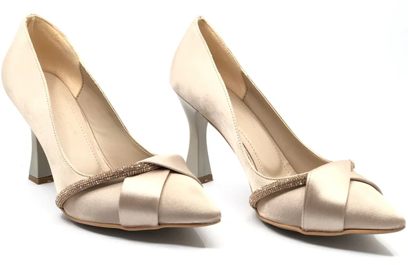 Feles Kadeh Topuk Saten Şerit Taşlı Stiletto Kadın Topuklu Ayakkabı ürün görseli 1