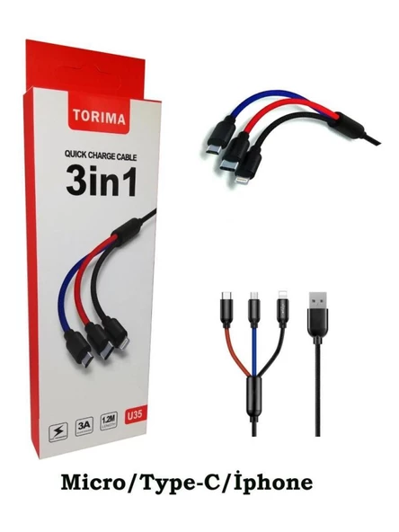 Torima 3A 3in1(Micro-Type-C-Iphone) Hızlı Şarj-Data Kablosu-U35 - Resim 5