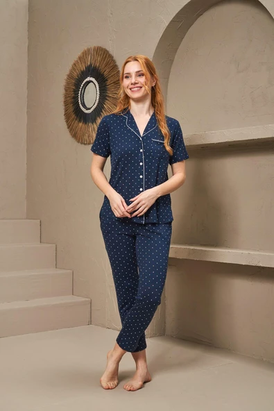 Gd Goldoremi Premium Kadın Gömlek Yaka Önden Düğmeli Puanlı Kısa Kollu Pijama Takım ürün görseli 1