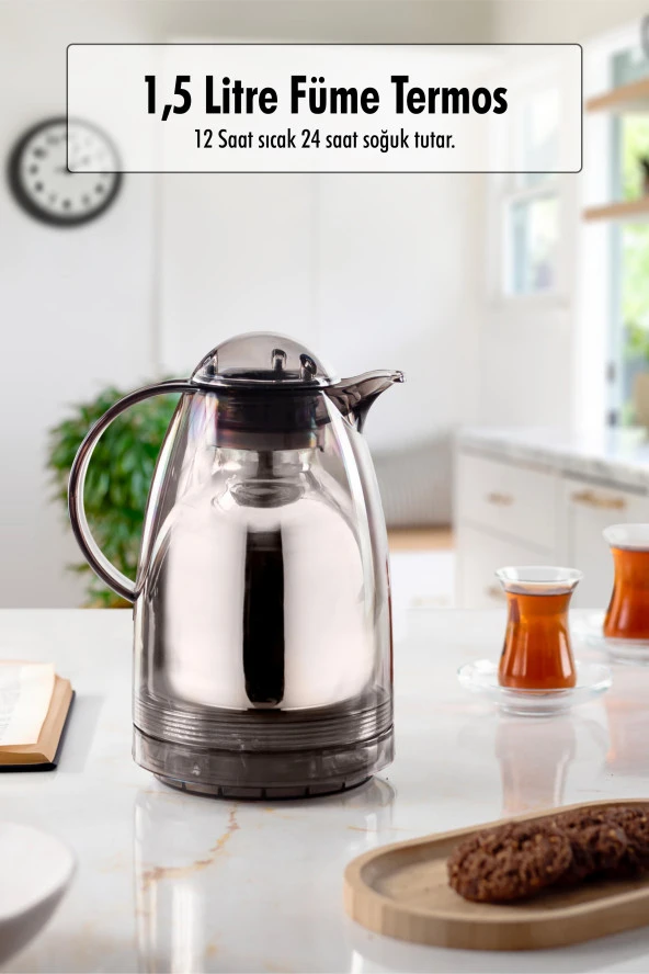 1.5 LT Isı Yalıtımlı Çay Ve Soğuk Su Termosu Füme (12 Saat Sıcak Tutar& İçi Camdır) ürün görseli 1