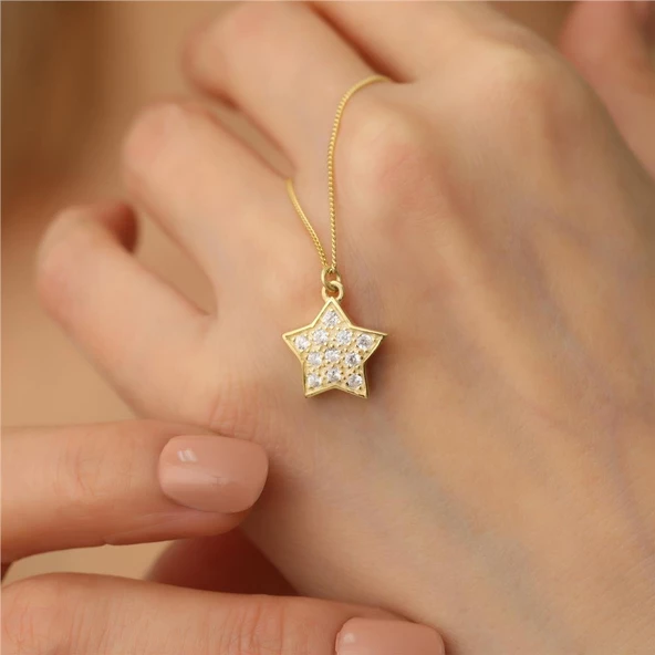 14 Ayar Mikron Altın Kaplama Taşlı Yıldız Kolye – Minimal Kadın Kolye- CNS00127 ürün görseli 1