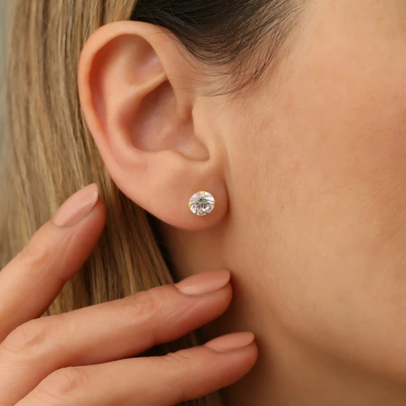 14K Altın Kaplama Gümüş Yuvarlak Kesim Tektaş Küpe - 5mm ürün görseli 1