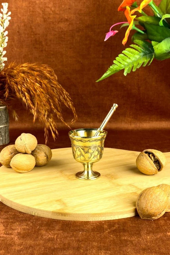 Minyatür 40ML Desenli Döküm Pirinç Sarı Tokmak Havan Sarımsak Ezici 6cm ürün görseli 1