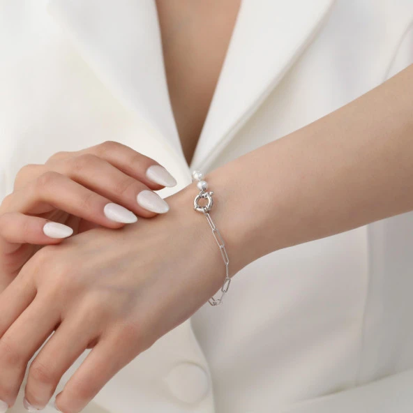 925 Ayar Gümüş Beyaz Kültür İncisi Bileklik-6mm ürün görseli 1