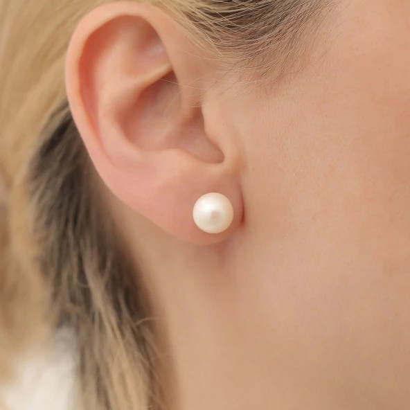 925 Ayar Gümüş Cream Tatlısu İncisi Çivi Küpe-8mm ürün görseli 1